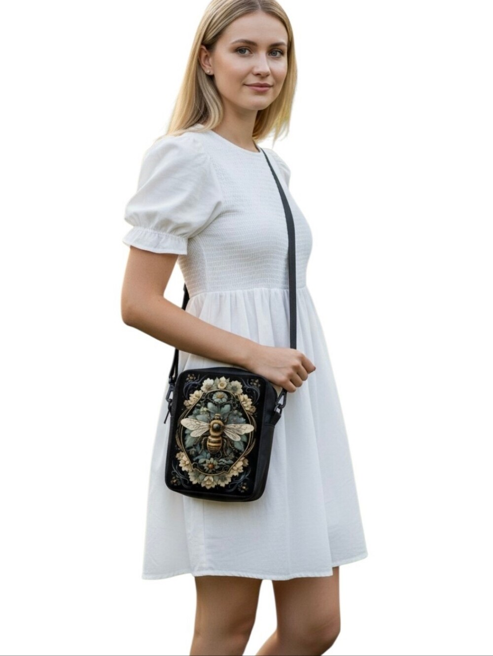 Bumblebee Garden Crossbody Bag Adjustable Strap Yellow Black Bee Print Purse